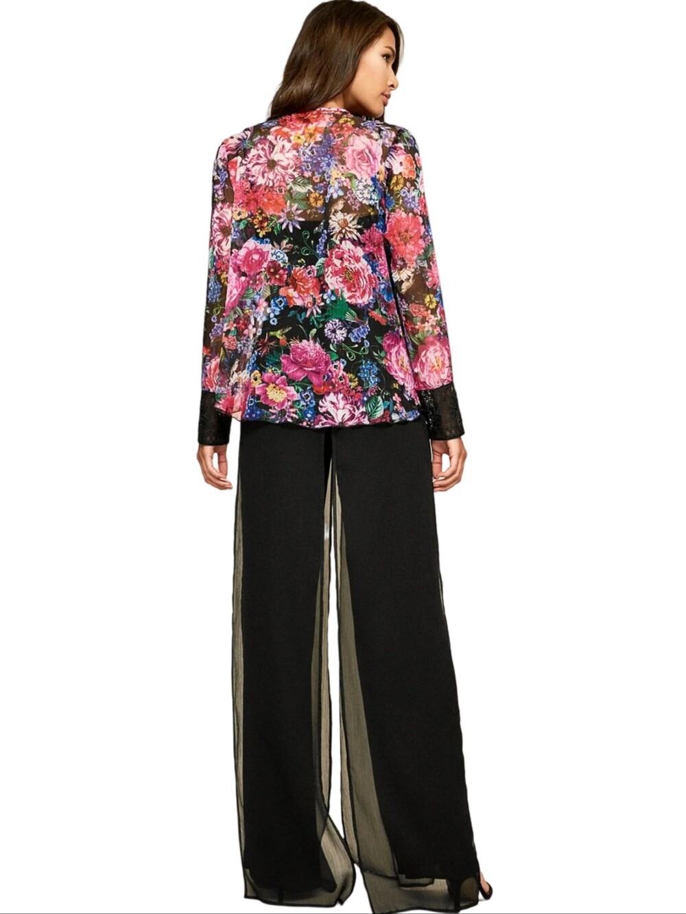 TADASHI SHOJI Gaberira Sheer Floral Tie Neck Blouse W/ Lace Panel & Cuffs Sz 4 - Picture 7 of 11